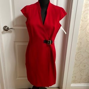 NWT Calvin Klein short sleeve wrap red dress. Size 8. Gold and black buckle.